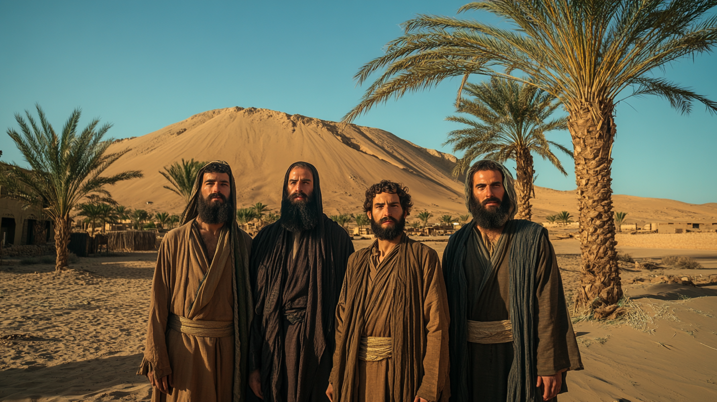 Prophet Noah and 3 sons in desert painting