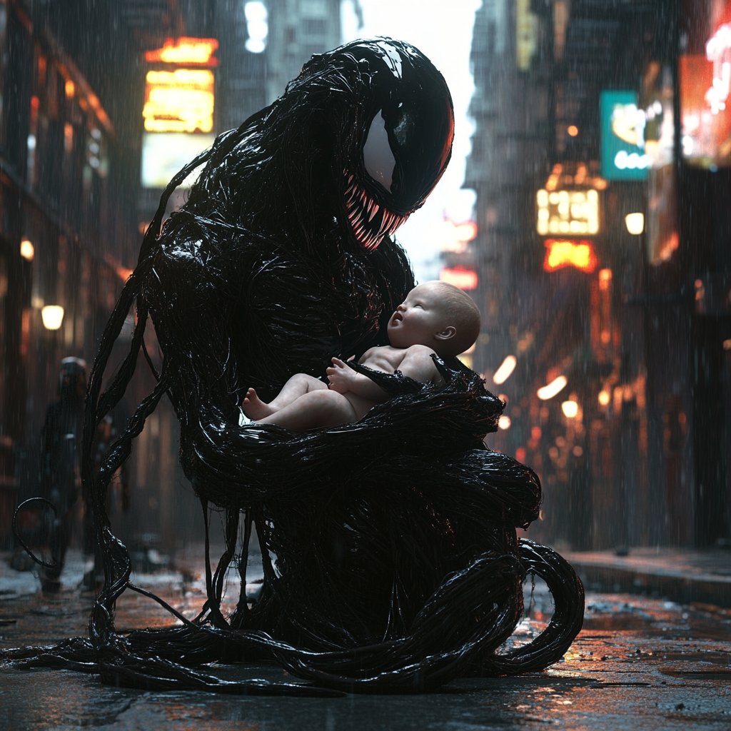 Protective Venom-like female with baby in symbiote form, gentleness.