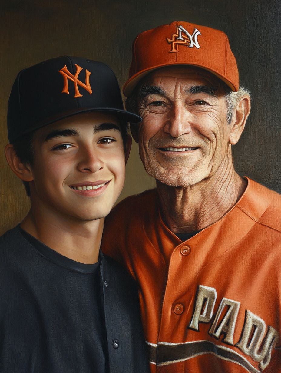 Proud father and son in baseball uniform portrait.