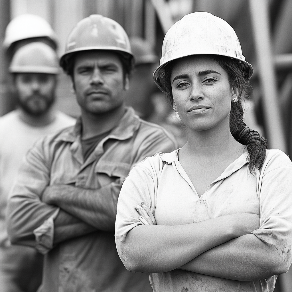 Proud multicultural workers in construction sector with folded hands.