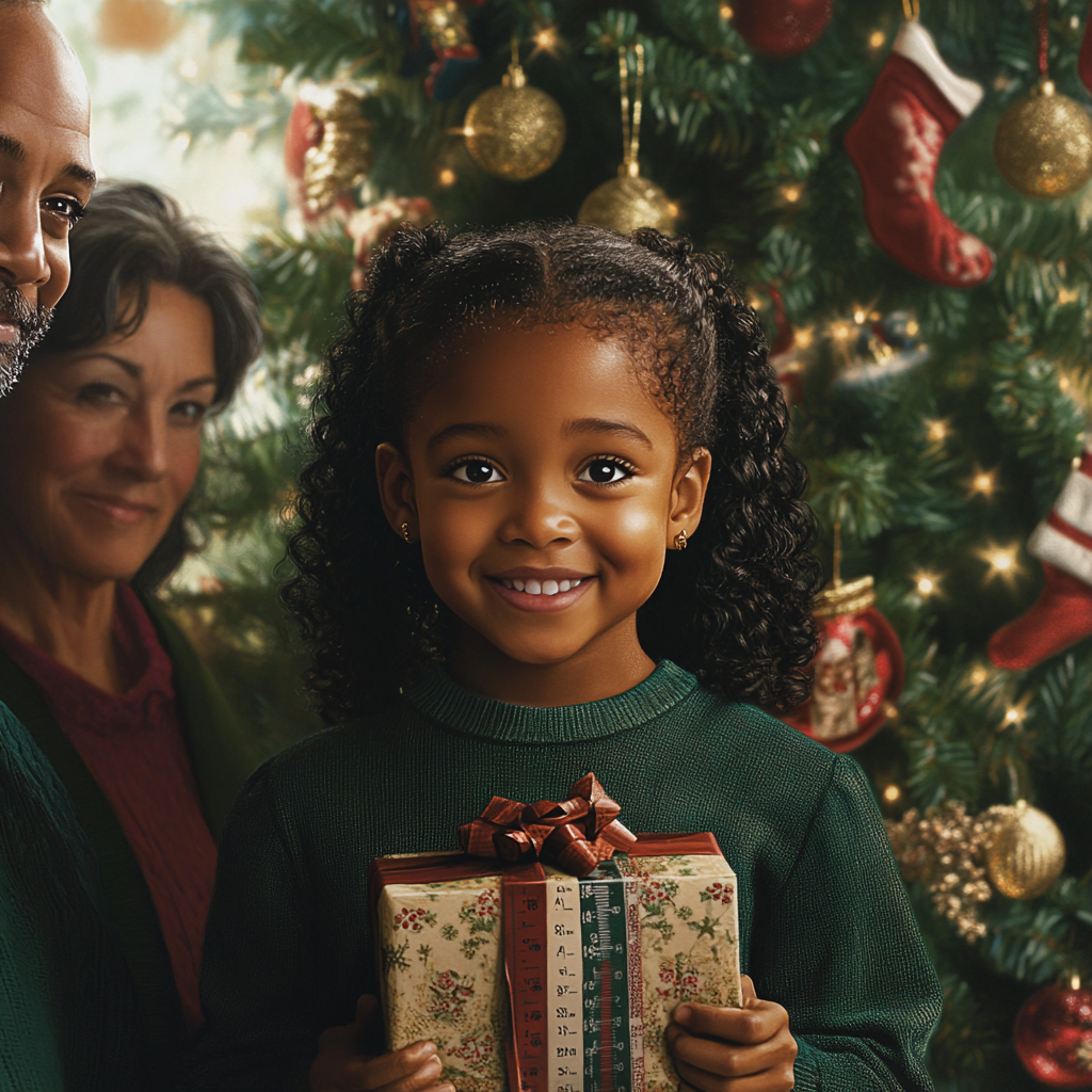 Proud parents watch girl with practical Christmas gift