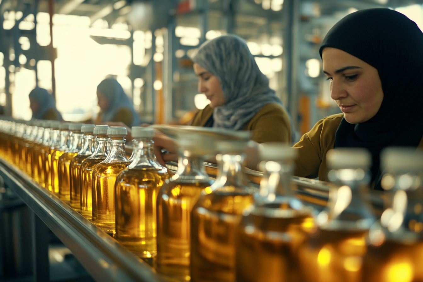 Proud workers label olive oil bottles in factory.