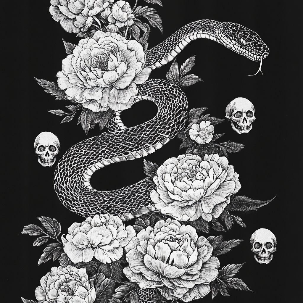 Psychedelic cobra with skulls in peonies, Akira inspired.