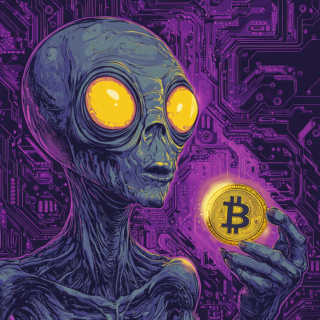 Psychedelic grey alien holding gold coin with X.