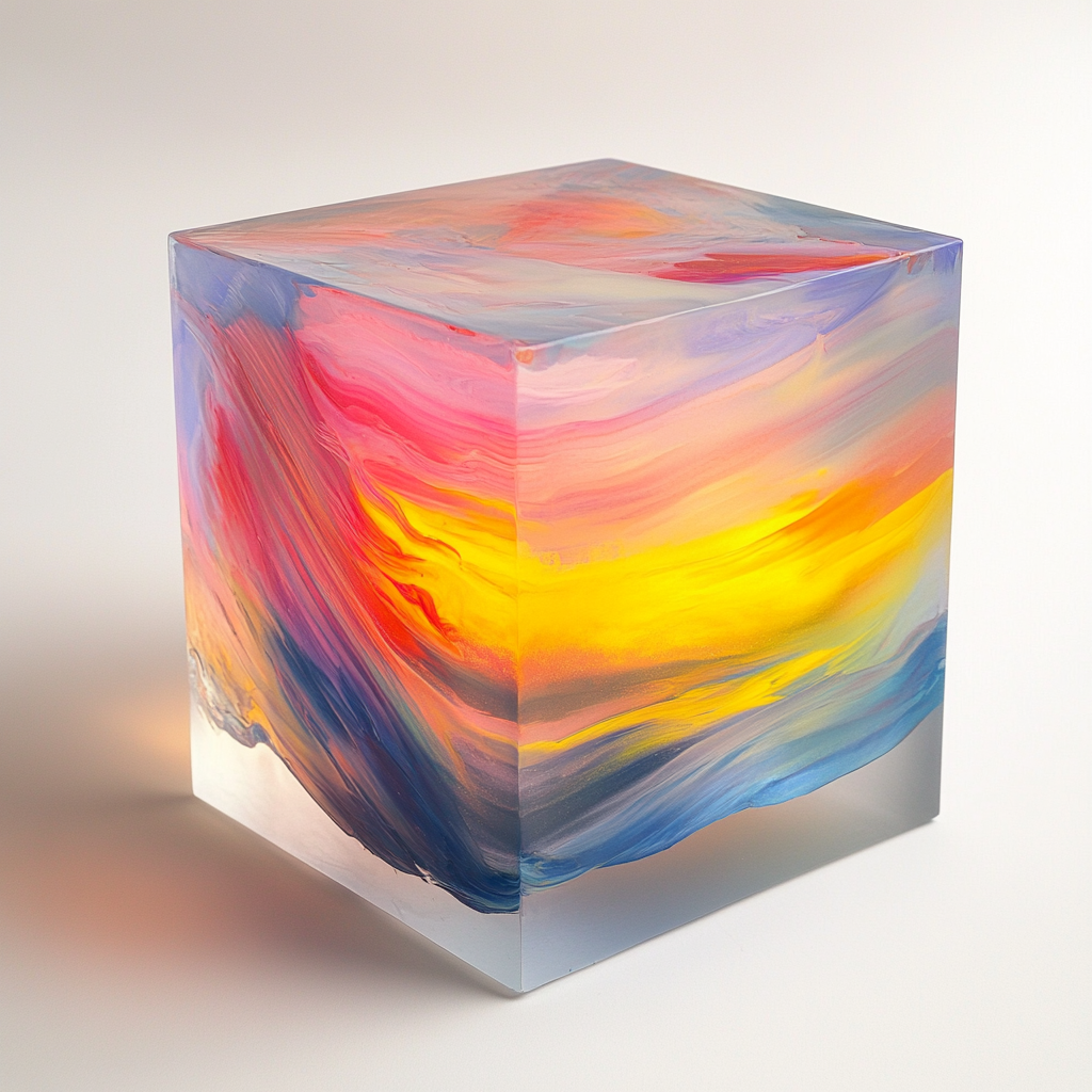 Psychedelic sunrise in glass cube with cinematic lighting, painting.