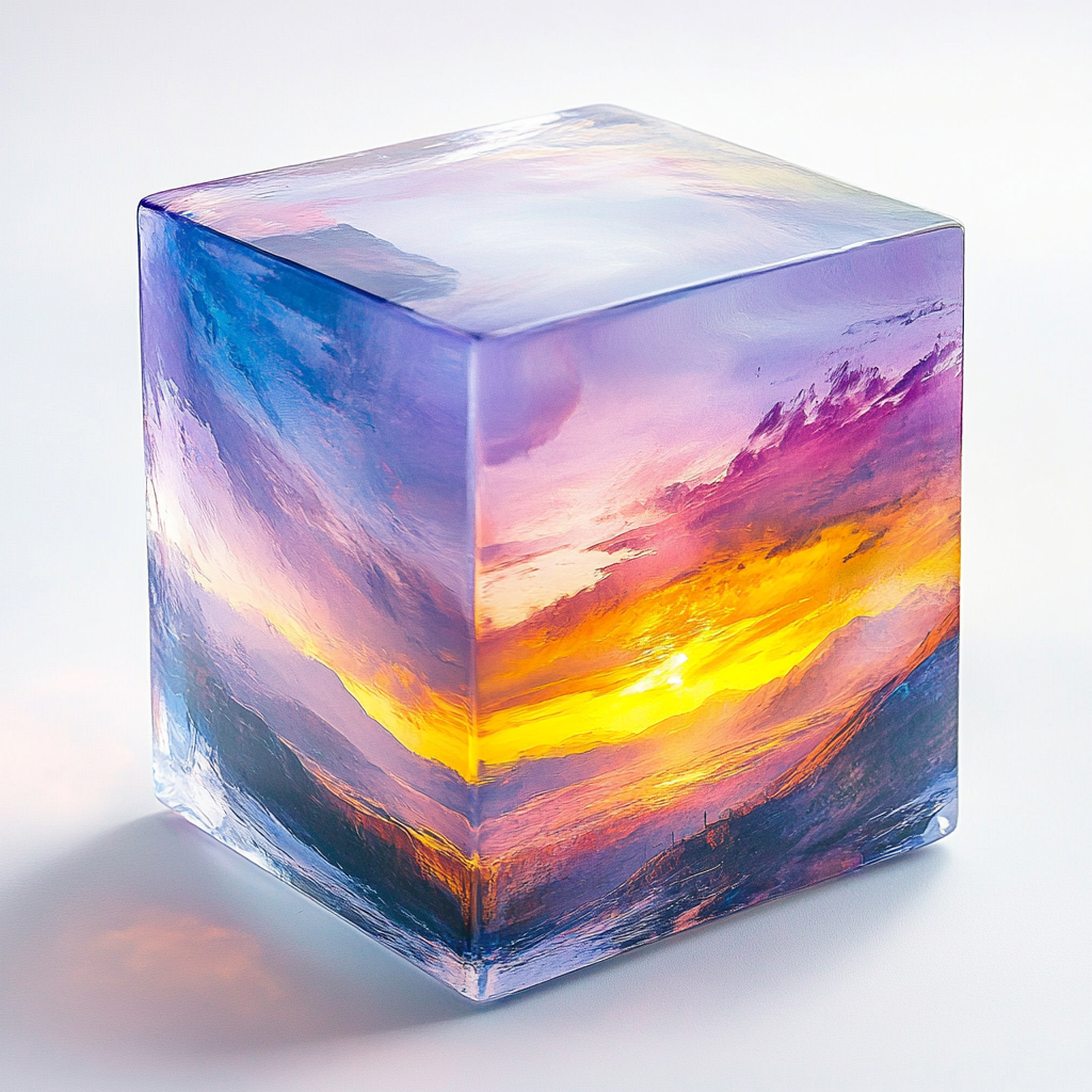 Psychedelic sunrise over Arizona in frosted glass cube.