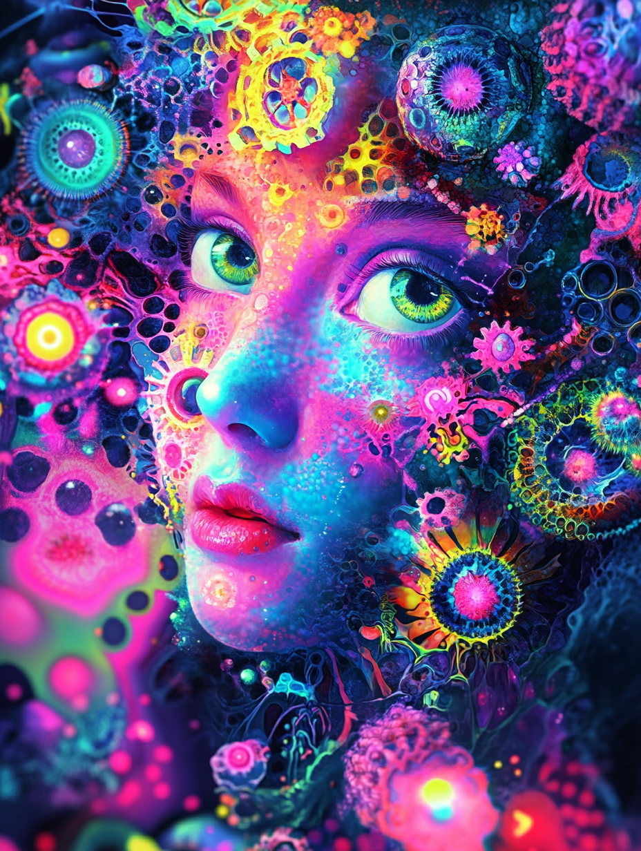 Psychedelic watercolor painting with bold contrasting feminine colors.