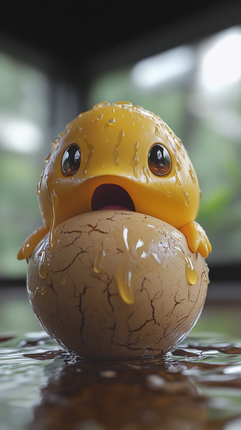 Psyduck emerges from egg looking confused, water droplets dripping.