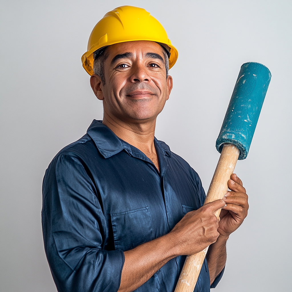 Puerto Rican man poses with paint roller happily