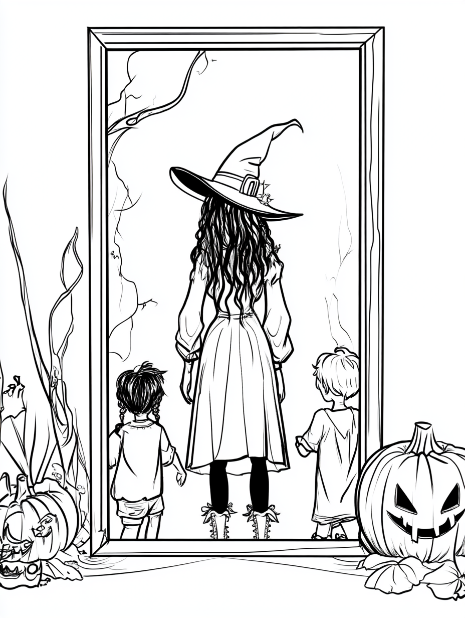 Punk halloween witch following children in mirror page illustration.