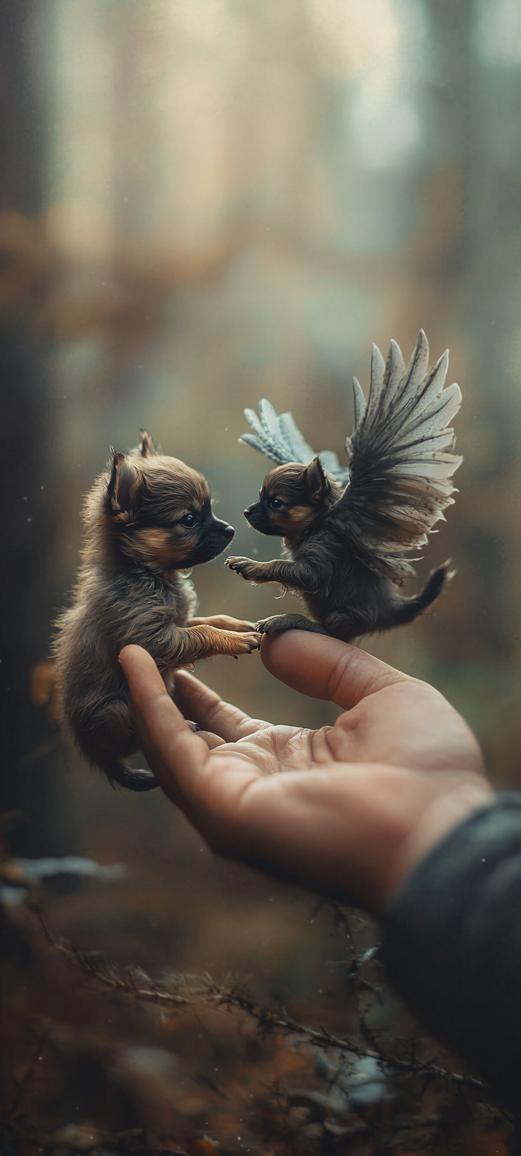 Puppies with wings ready to fly in forest