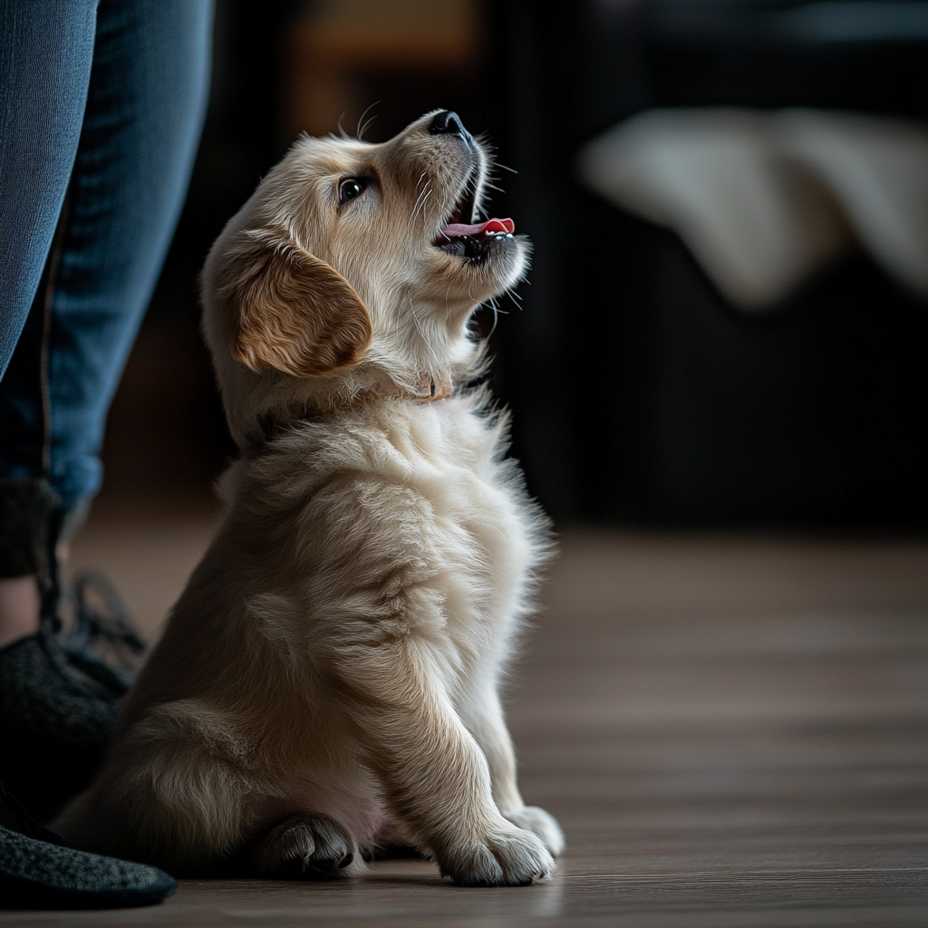 Puppy barking at owner with natural lighting indoors.