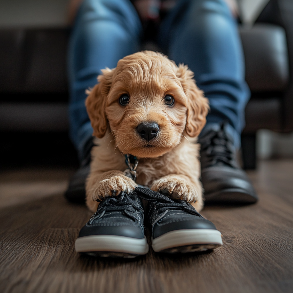 Puppy playing with shoes indoors, owner watching nearby.