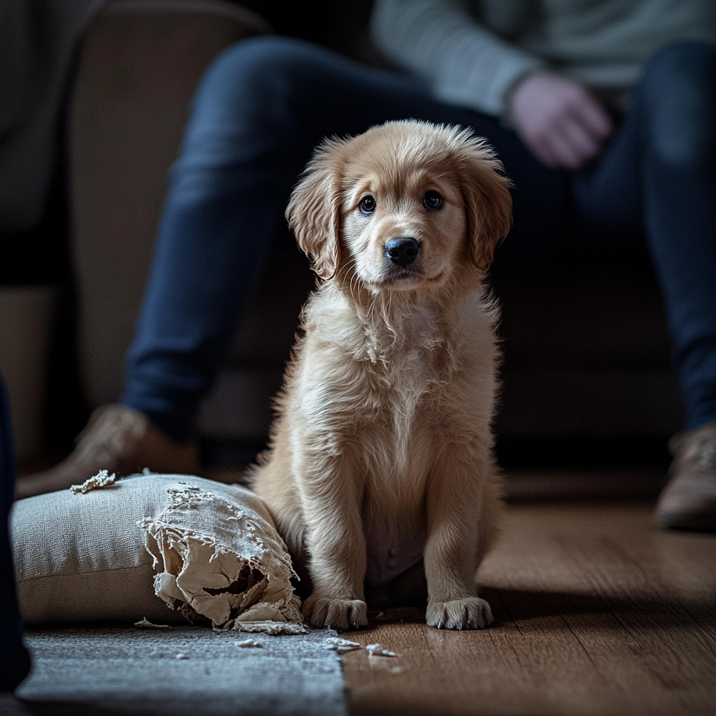 Puppy sitting indoors next to torn pillow near owner.