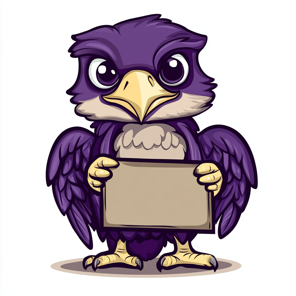 Purple Baby Hawk Mascot Holding Sign