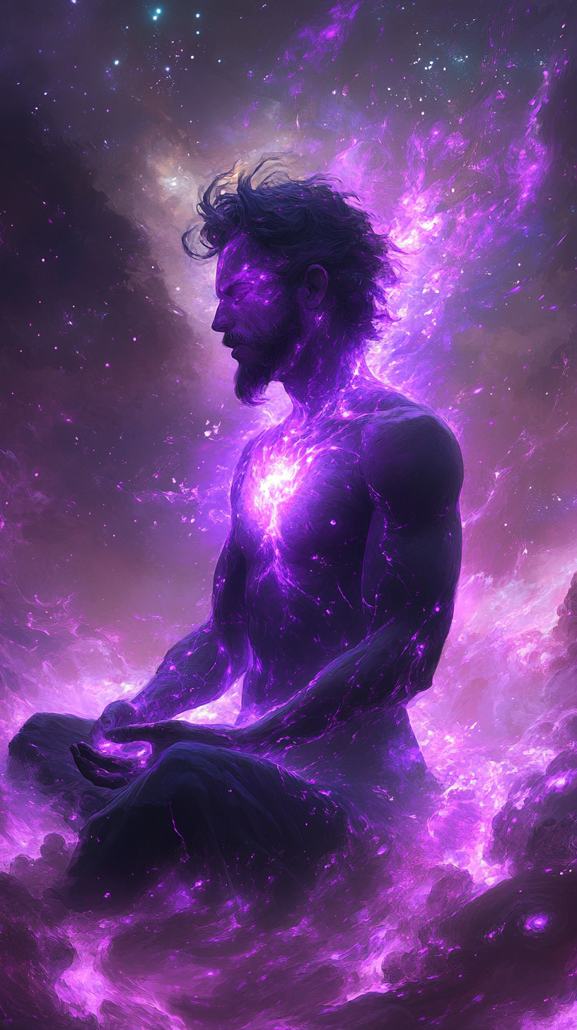 Purple Figure Meditating in Cosmic Energy Halo.