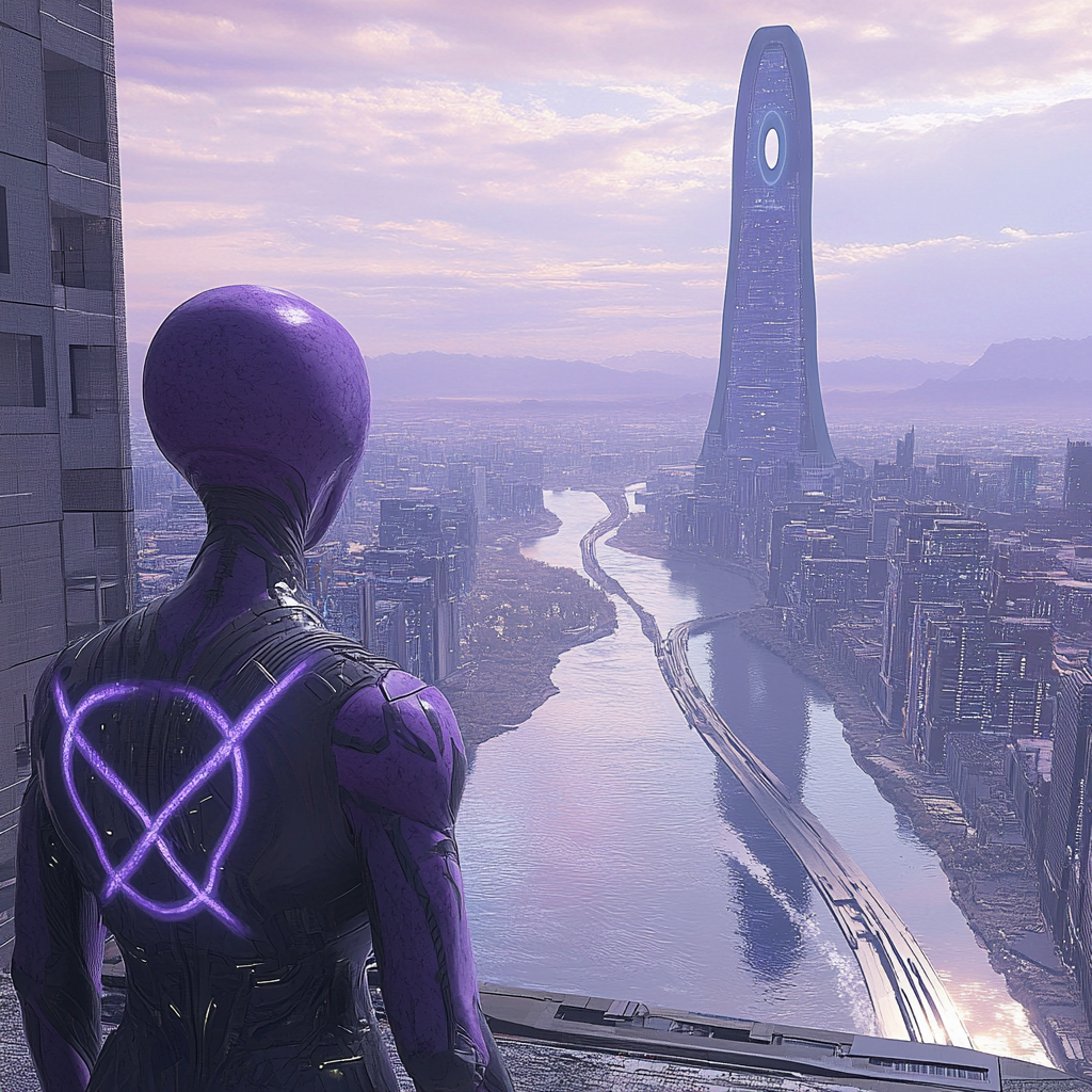 Purple alien observing merging rivers leading to tech building