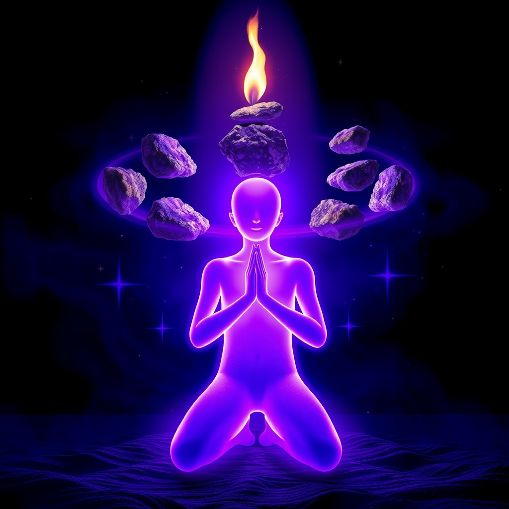 Purple figure with glowing rocks, praying in light.