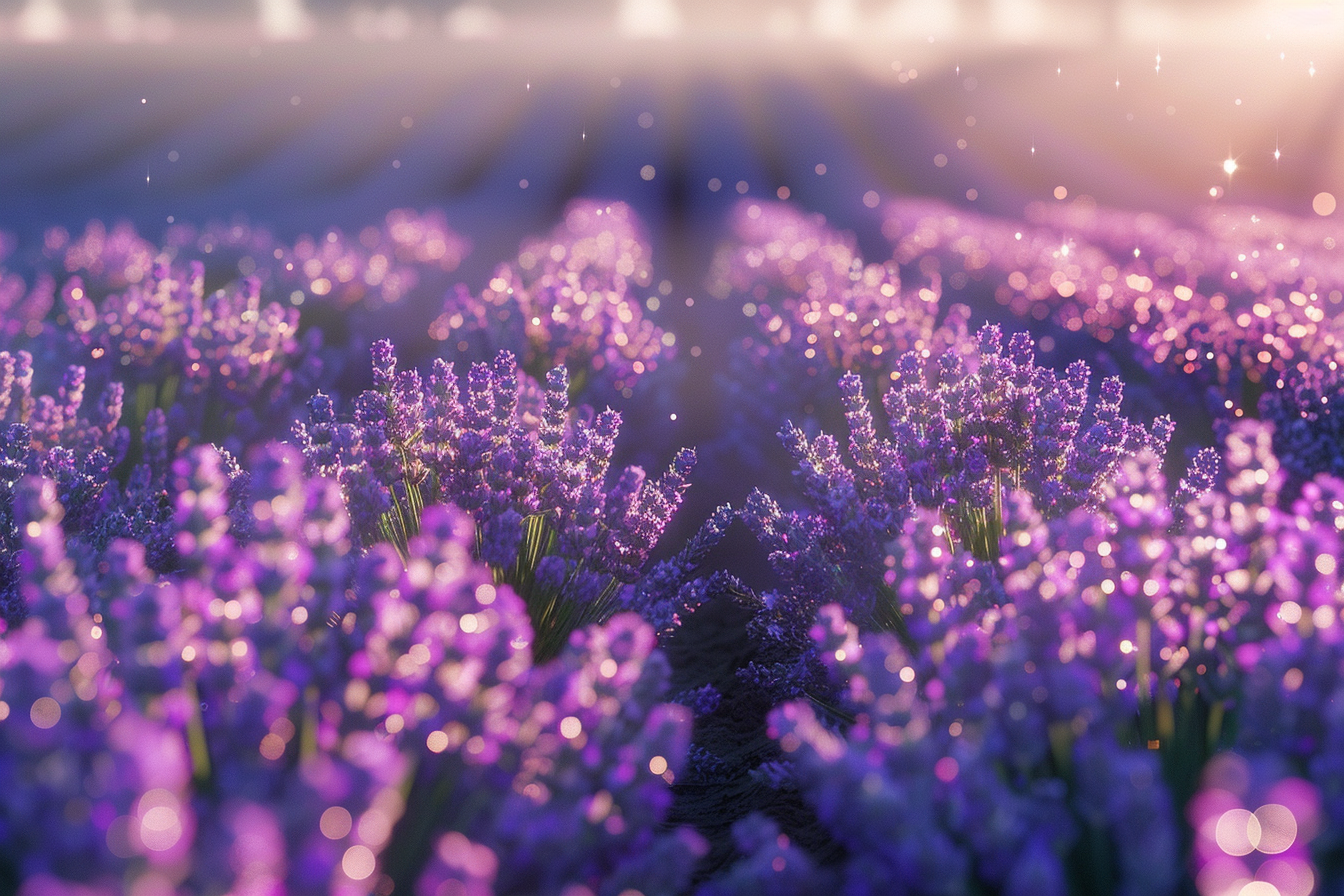 Purple lavender field sunrise, dew drops, mist, ultra-realistic 8K.