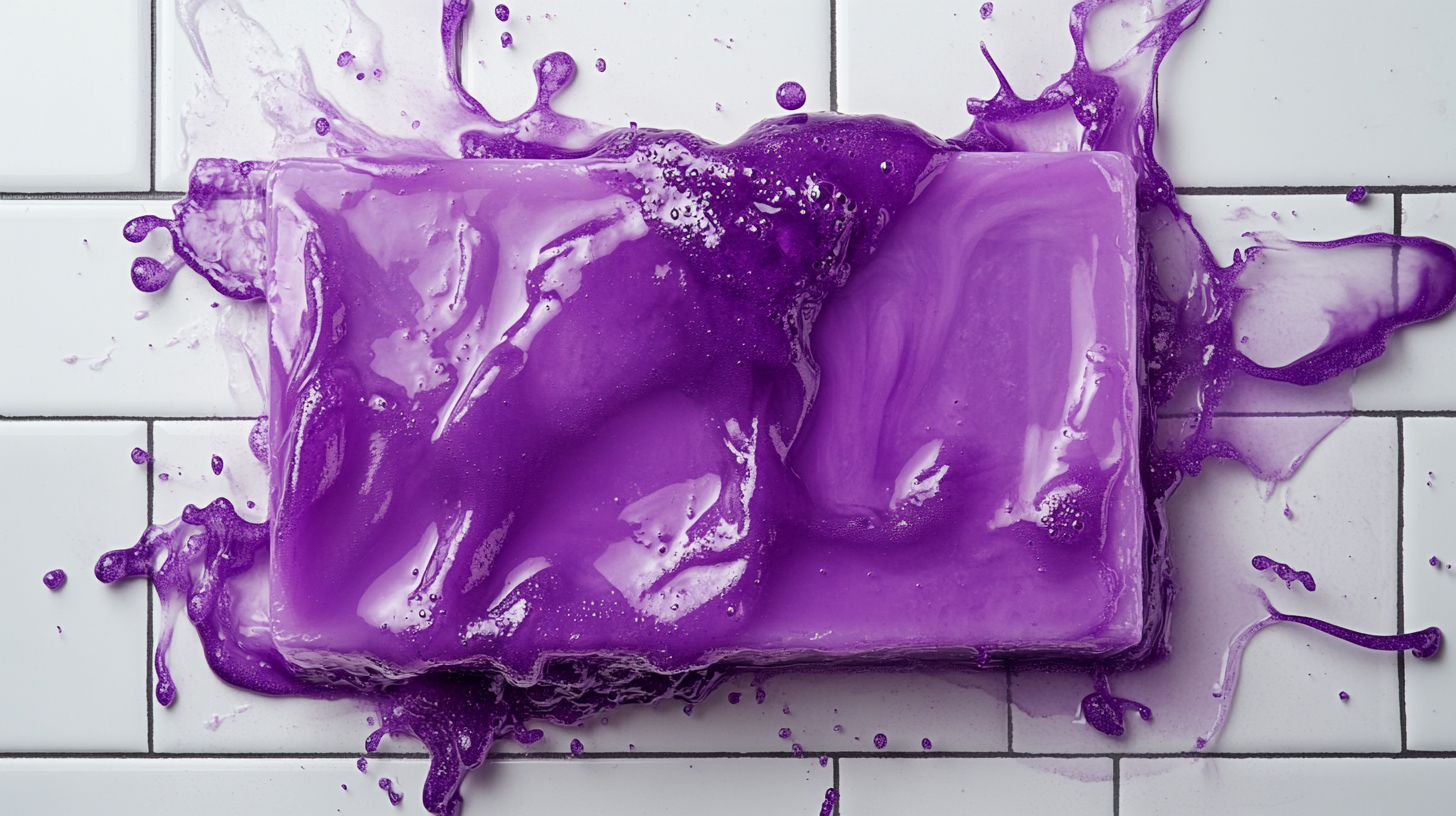 Purple soap bar in colorful water, white bathroom background.