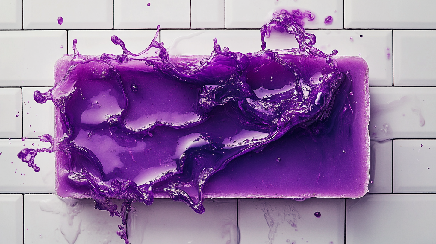 Purple soap bar leaking vibrant color in bathroom.