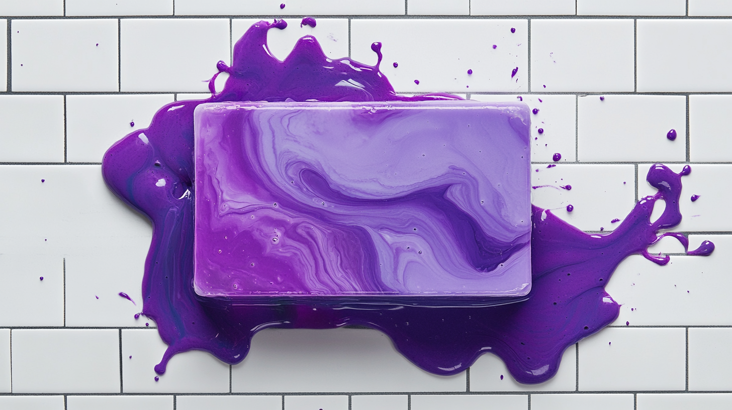 Purple soap bar with colorful water pouring out.