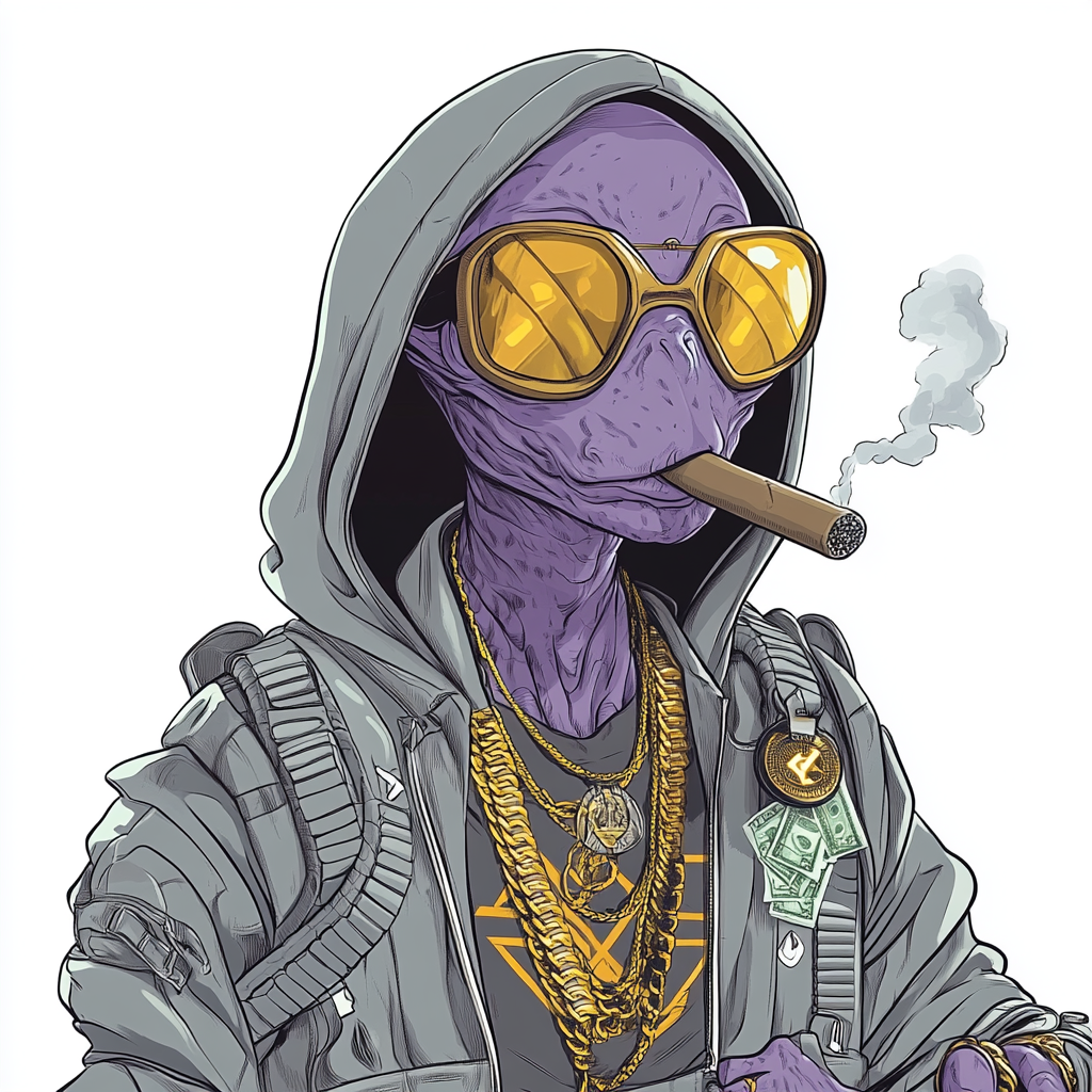 Purple tint alien in high tech armor smoking cigar.