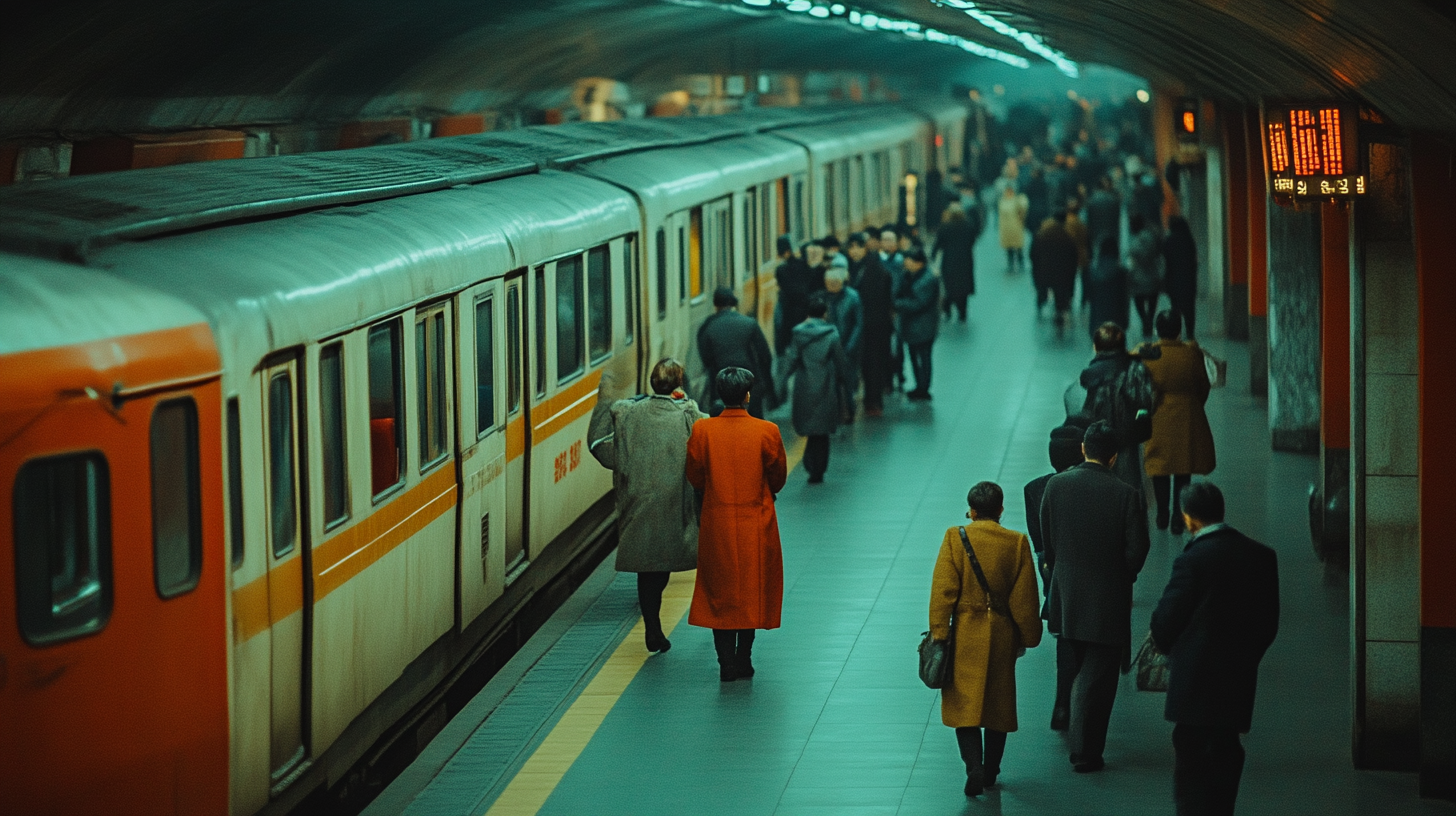 Pyongyang Subway Platform Drama Scene, Passengers Boarding & Exiting