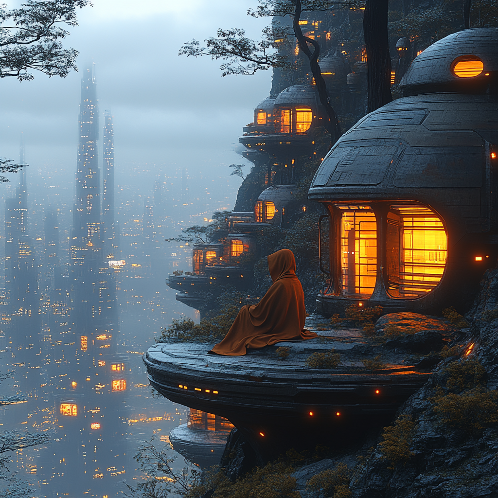 Quaint cabin in futuristic city with Jar Jar Binks