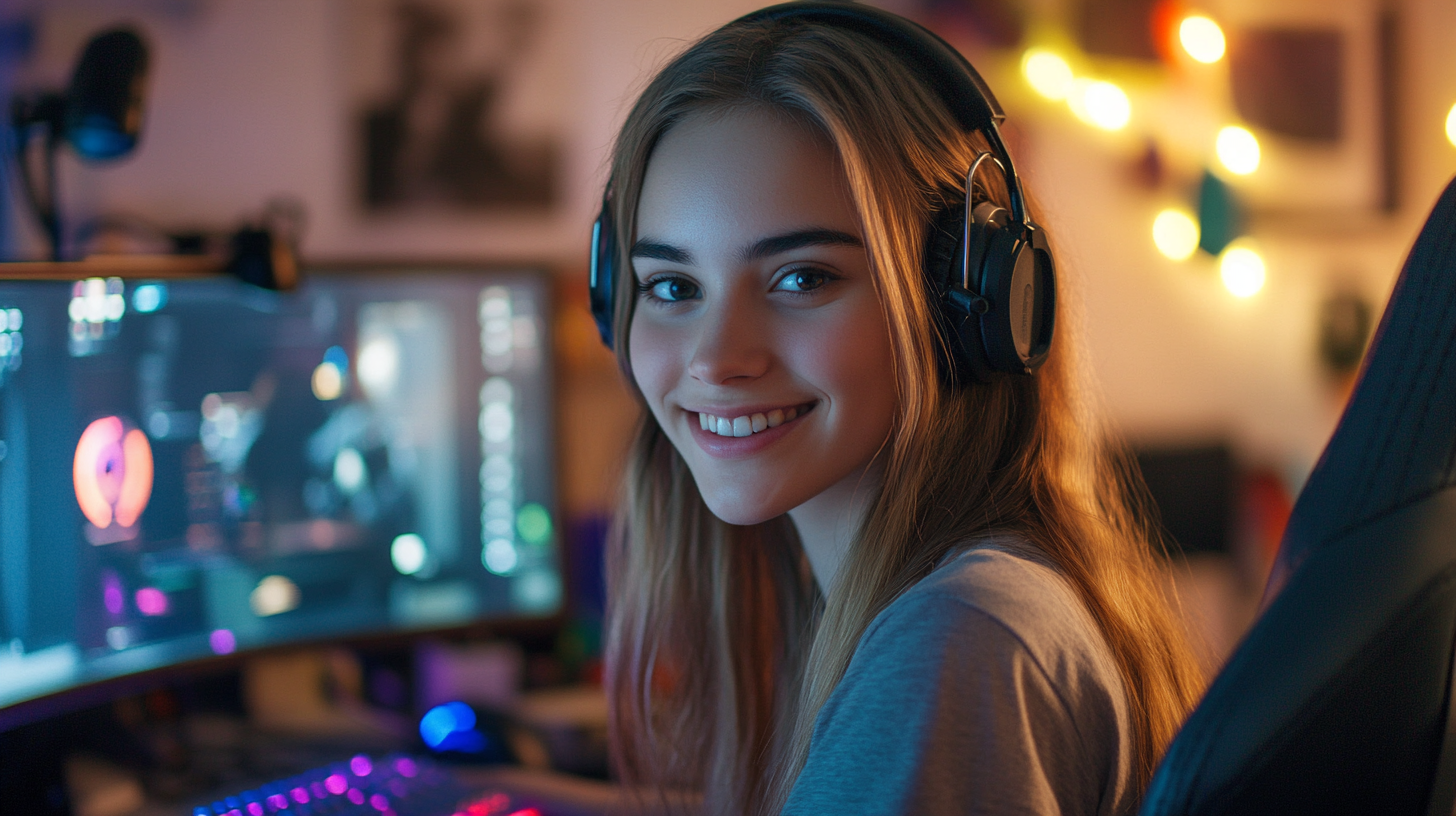 Quality photo of attractive 23-year-old female at computer desk.