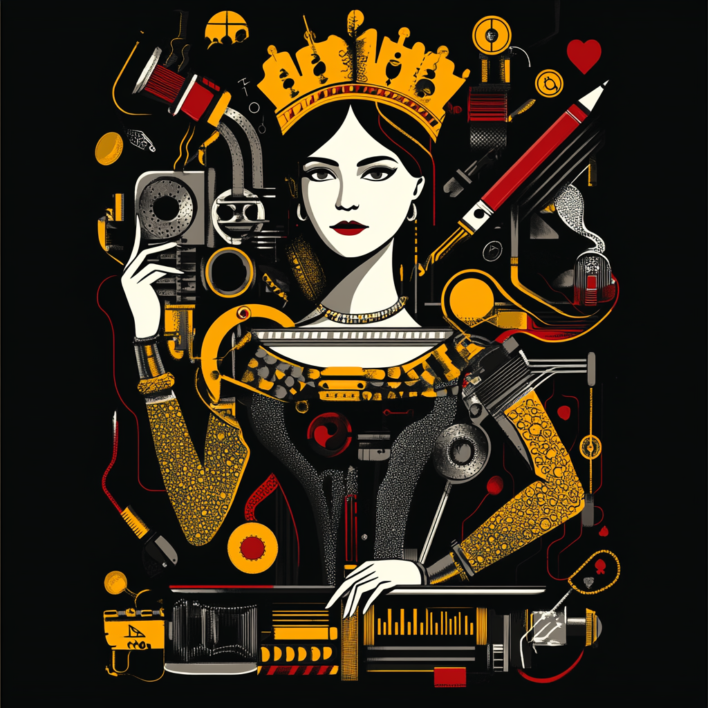 Queen playing card design with tools and tech.