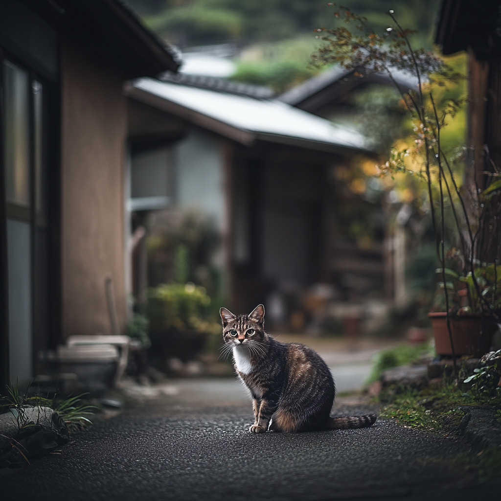 Quiet Japanese village house in autumn, photorealistic image.