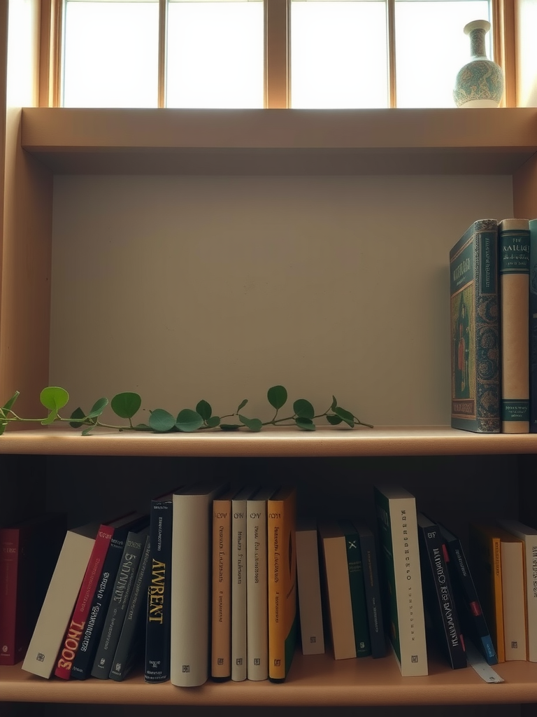 Quiet Library with Books, Dust, and Vase