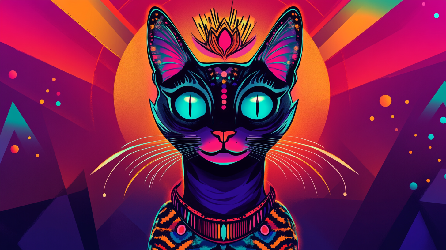 Quirky pop art cat with vibrant colors and patterns.