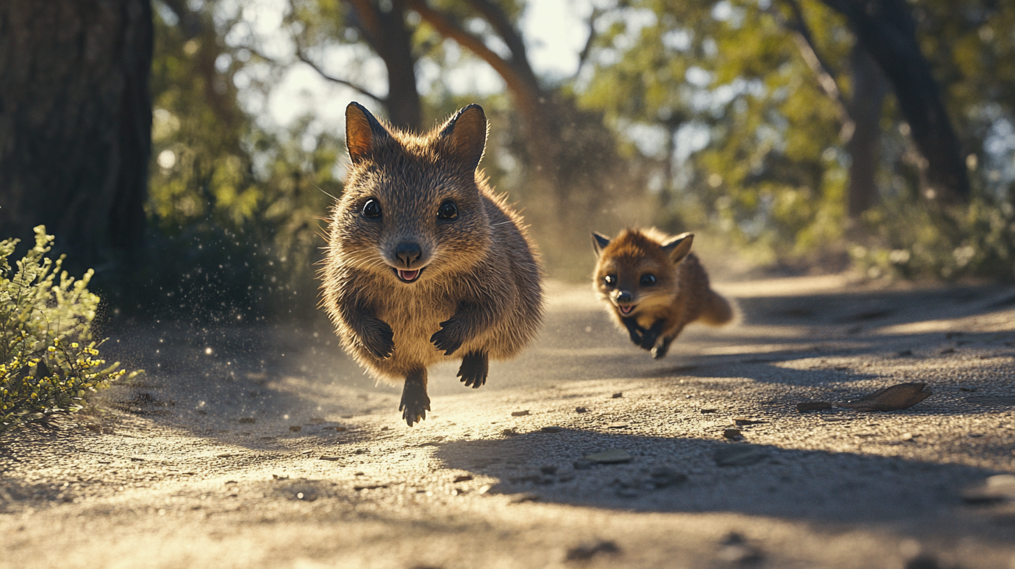 Quokka mother runs, leaves baby near hungry fox. Sunny.