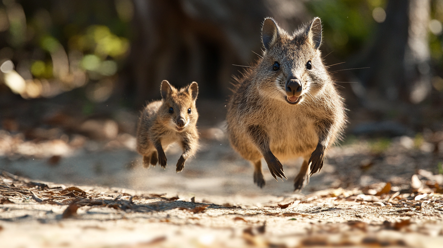 Quokka mother runs, leaving baby chased by fox predator.