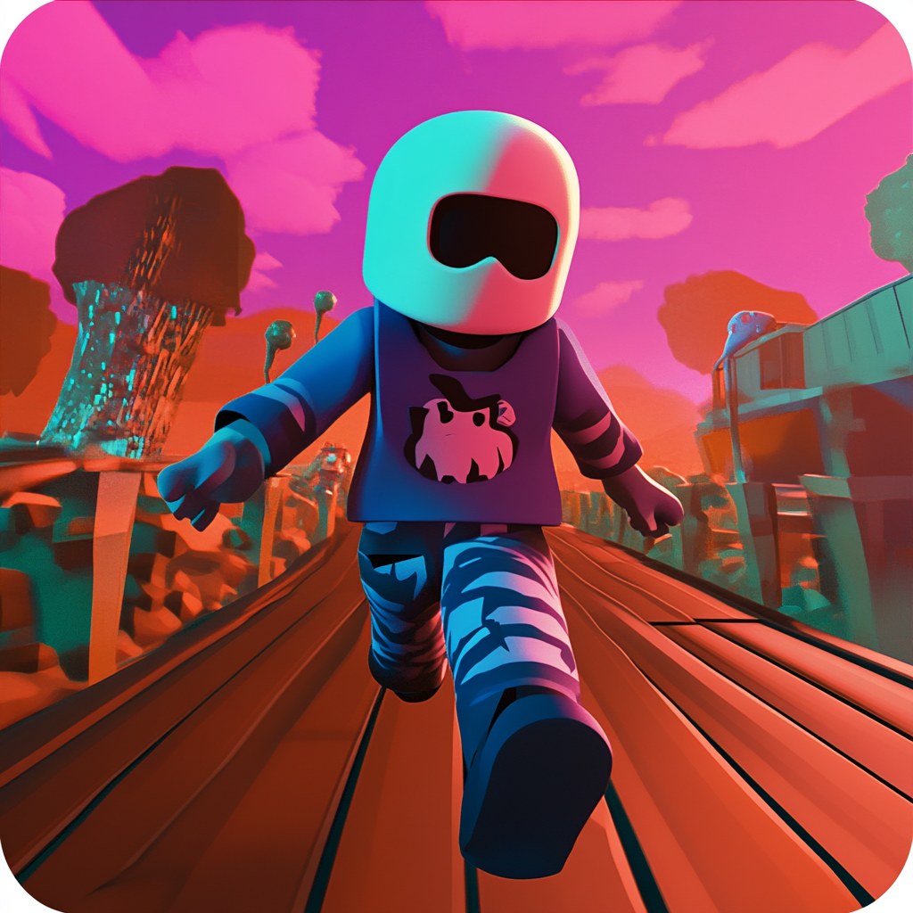 ROBLOX player running from zombies, jumping obstacles. Bright colors.