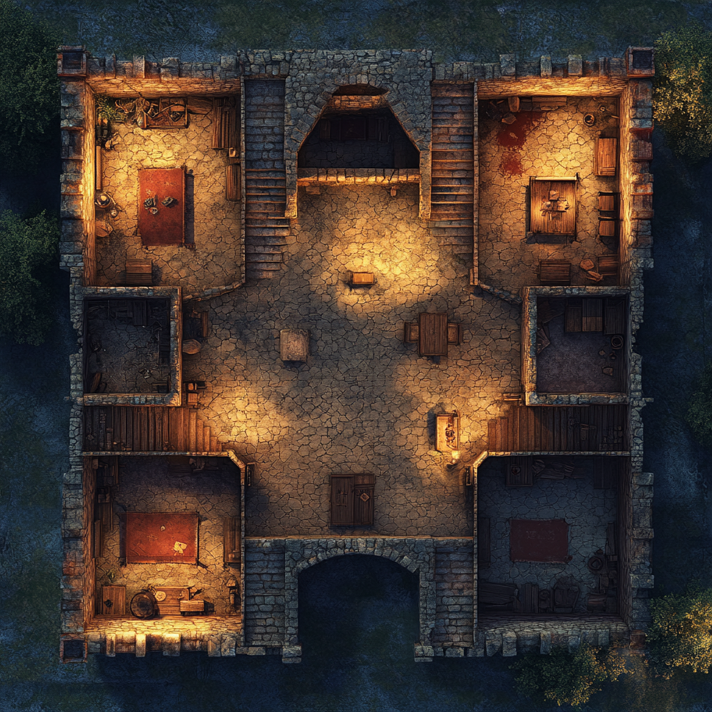 RPG map of a fort ground floor at night