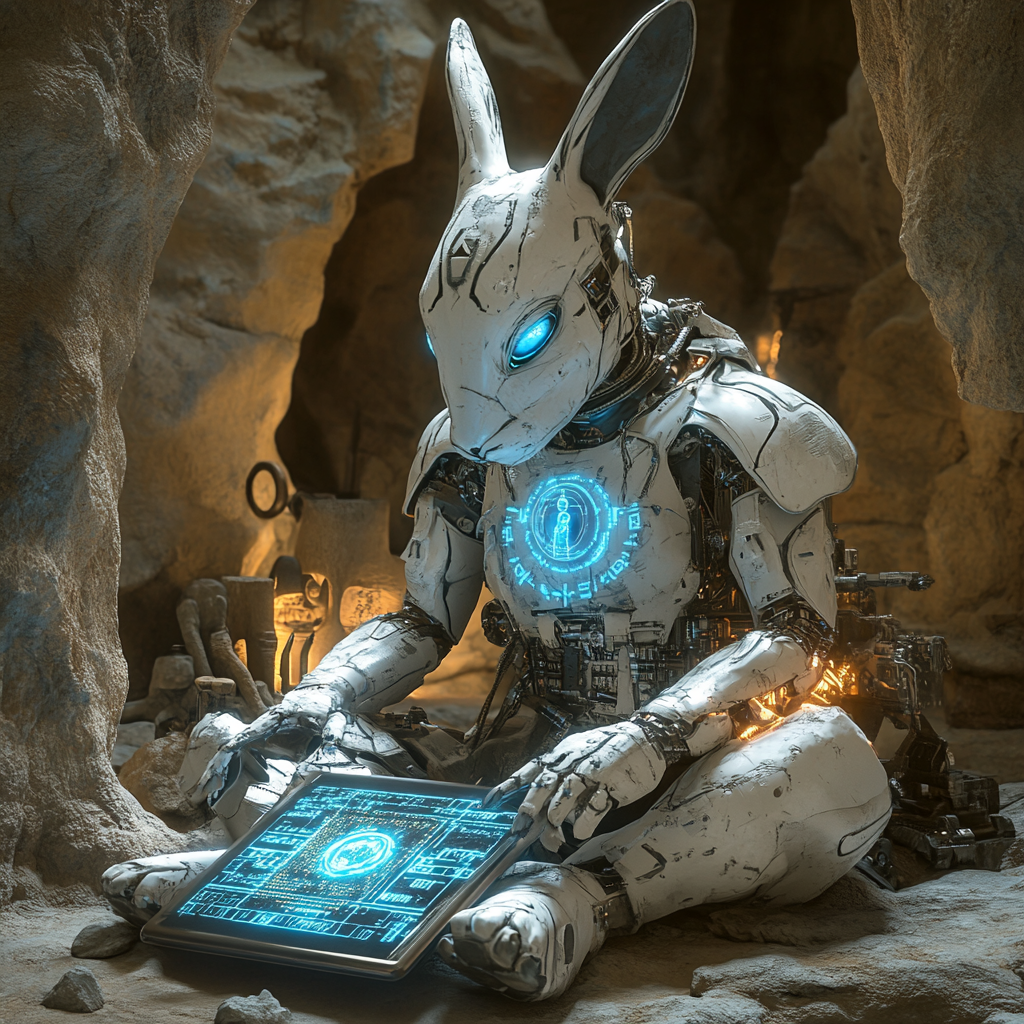 Rabbit Robot Coding in Prehistoric-Futuristic Cave