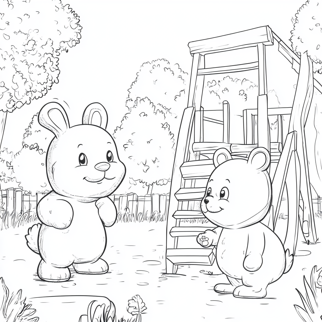 Rabbit and Bear on Playground Coloring Page