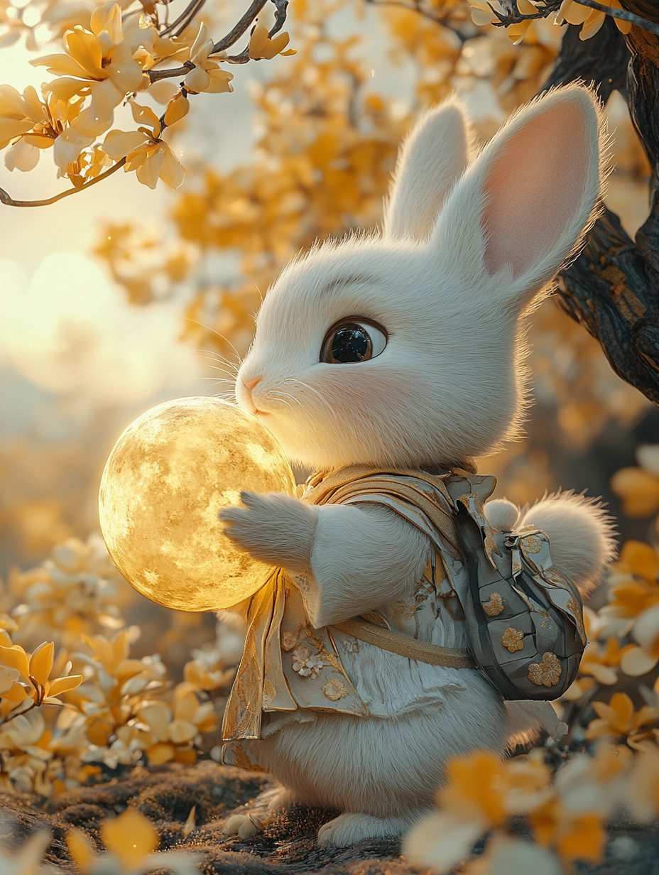 Rabbit holding moon, osmanthus tree, clouds, flowers, moonlight, Pixar-style.