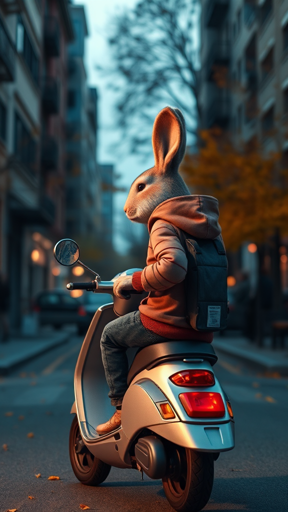 Rabbit in Hoodie on Scooter in Urban Autumn Street