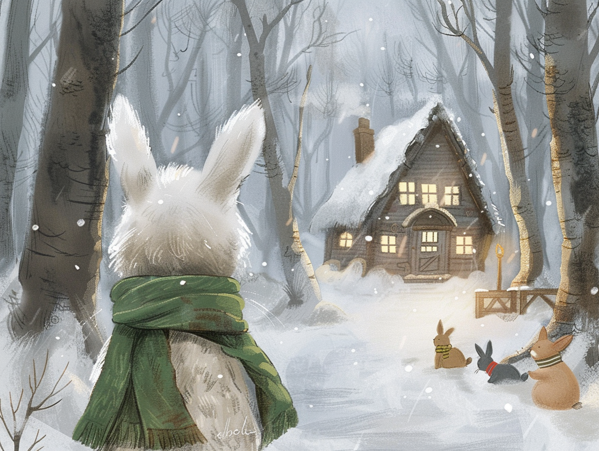 Rabbit in green scarf looks at new forest home.