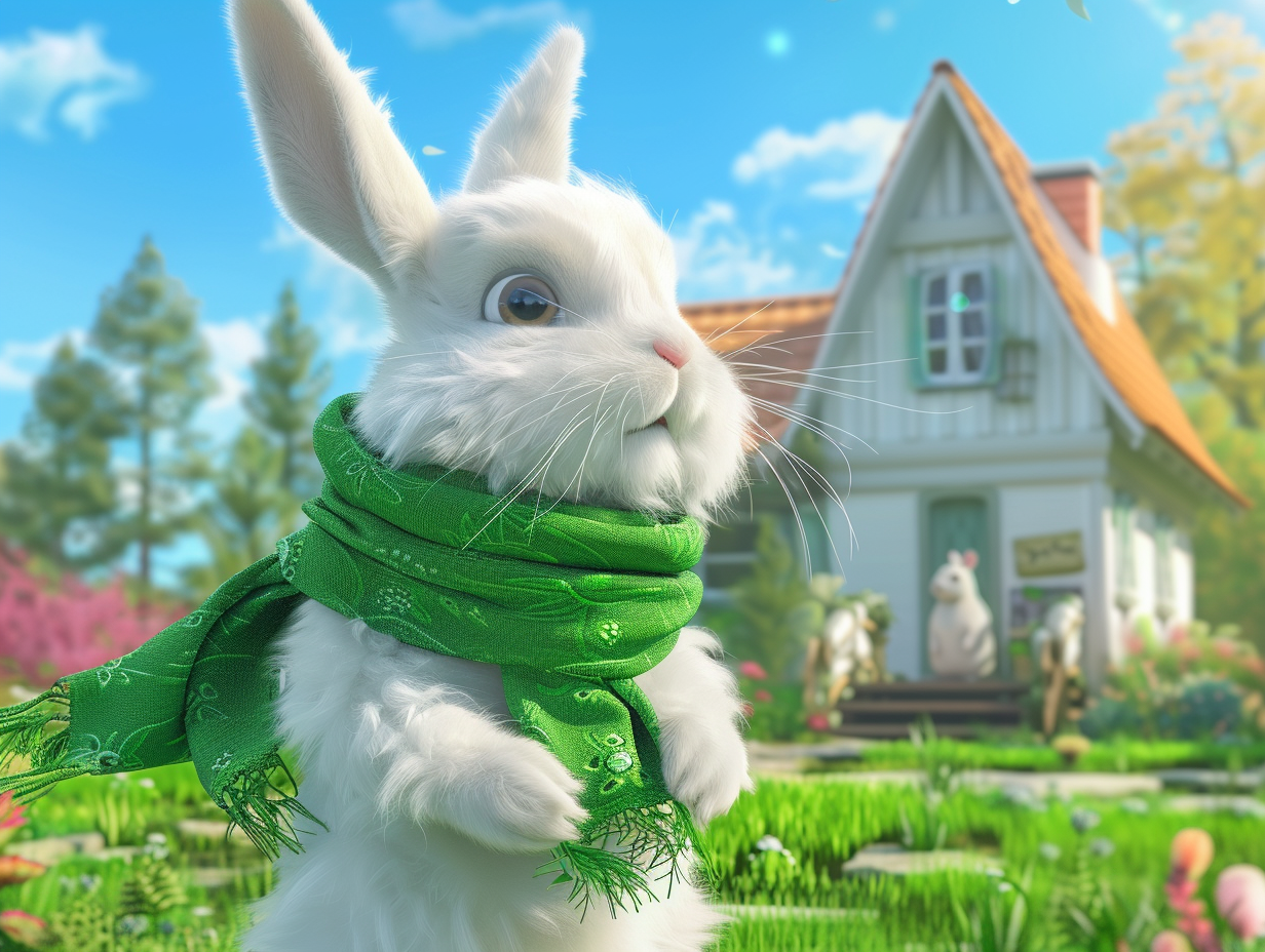 Rabbit wearing green scarf, looking at new house.