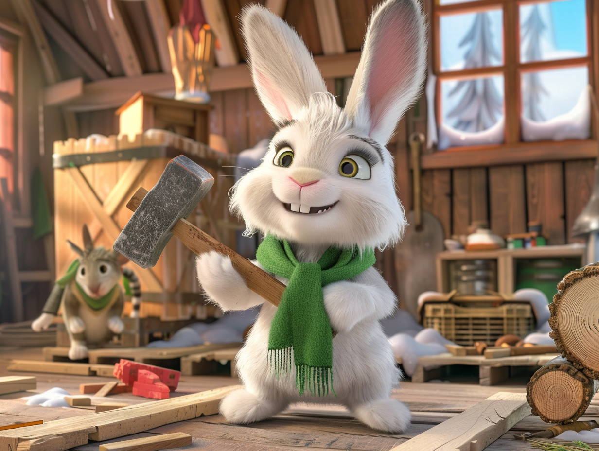 Rabbit with green scarf, animals building house together.