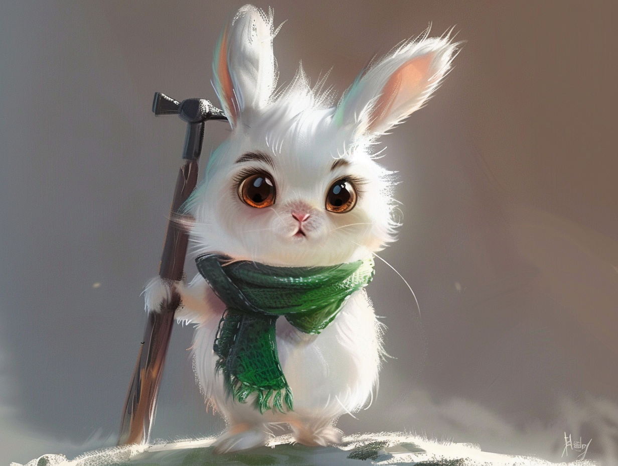 Rabbit with green scarf, determined to rebuild homes.