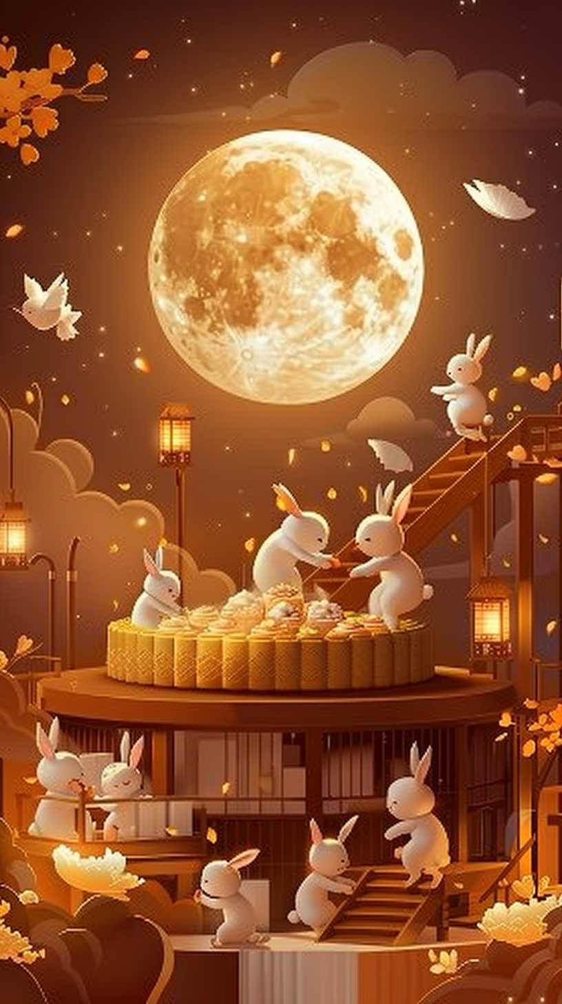 Rabbits making moon cakes on assembly line at night.