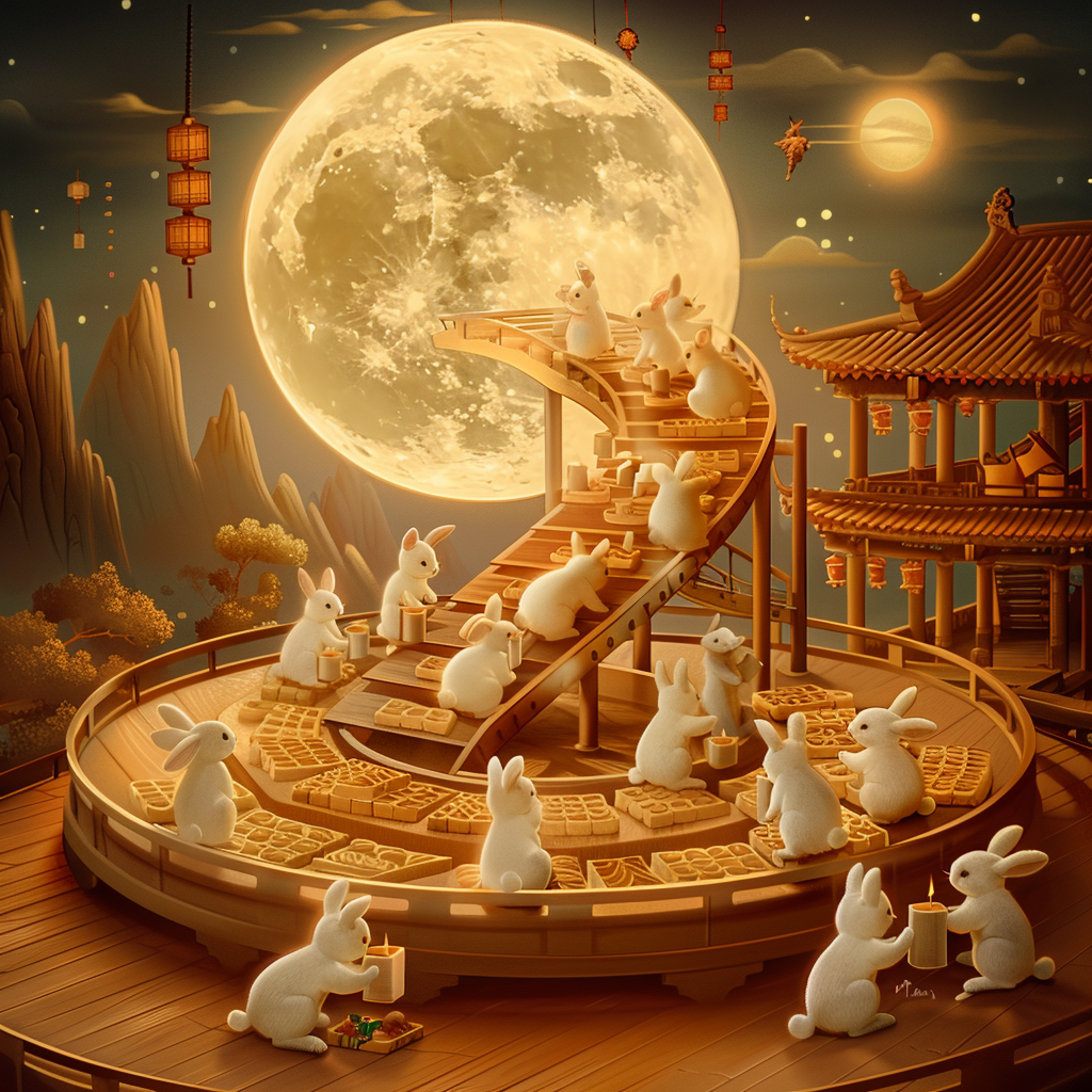 Rabbits making moon cakes on assembly line in moon.