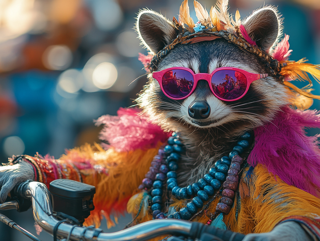 Raccoon in Colorful Costume and Accessories Riding Bicycle