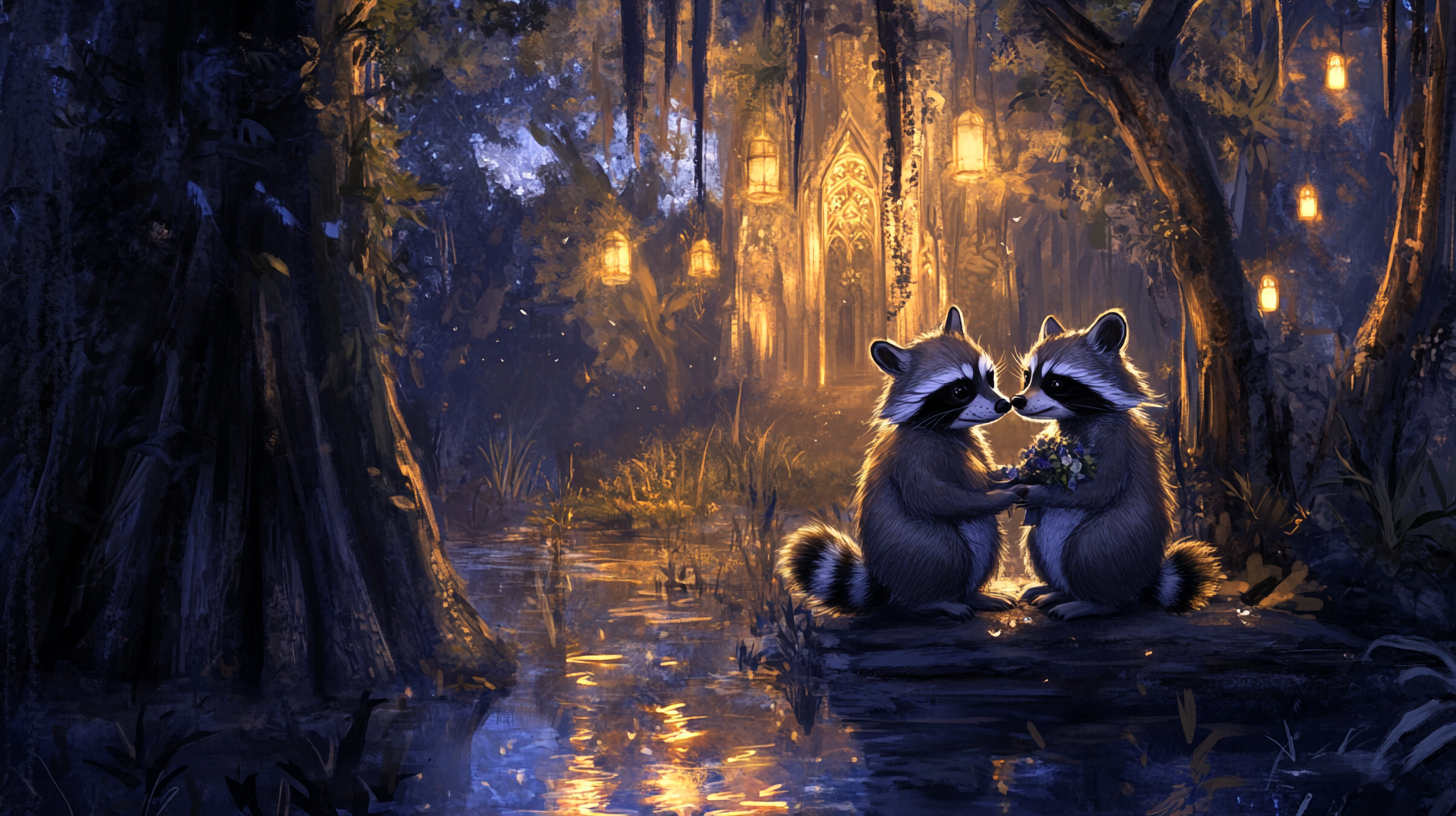 Raccoons get married in cypress swamp cathedral. Nighttime glow.